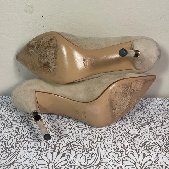 Gucci Beige Suede Malibu Bamboo Heel Pointed Toe Pumps - Picture 10 of 14